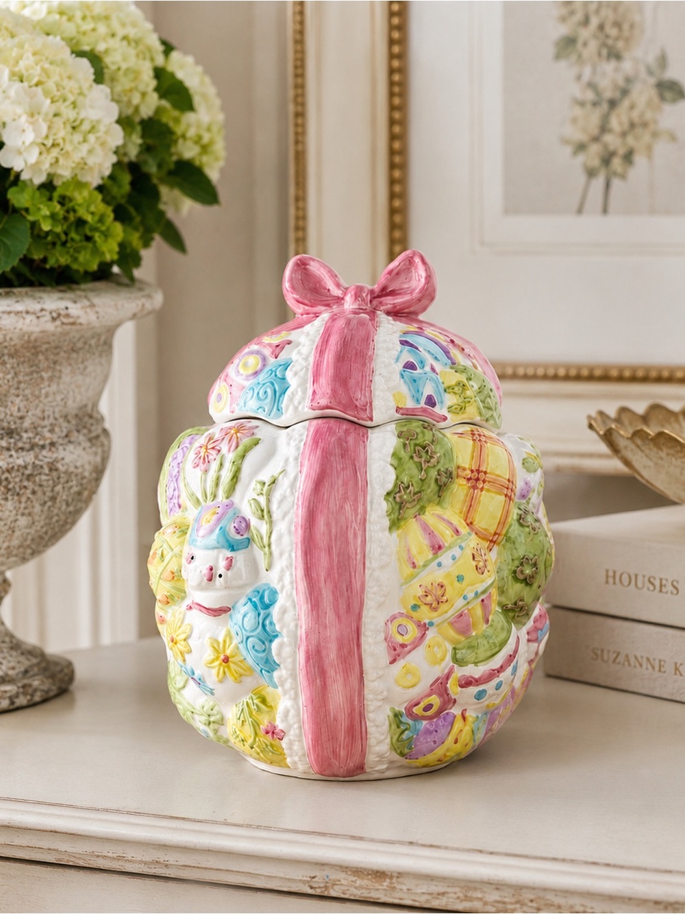 Pastel Easter Egg Ceramic Cookie Jar Bunny Floral Spring Decor